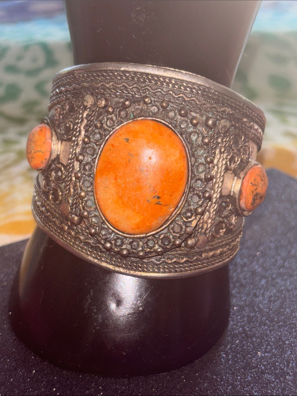 Handcrafted Native American Silver Coral domed Wide Cuff Bracelet